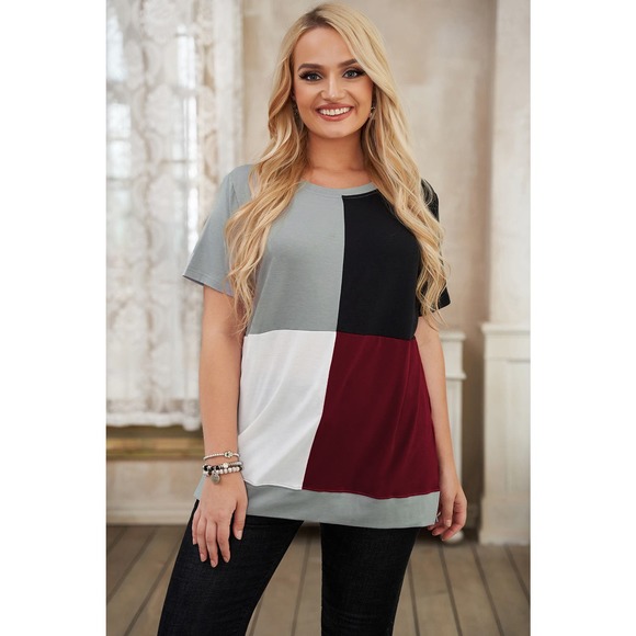 WINE RED WHITE GRAY BLACK CREW NECK COLOR BLOCK TOP SIZE 1X 14-16 - Picture 5 of 9